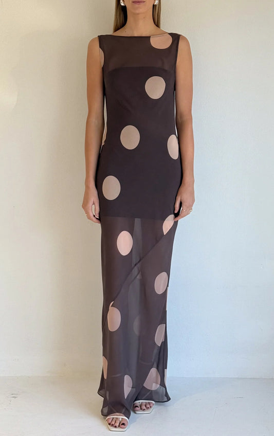 By Nicola Juno Maxi Dress In Chocolate Polka Size 10