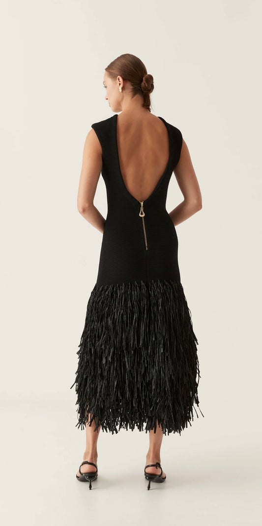 Aje Rushes Raffia Knit Midi Dress in Black Size 12