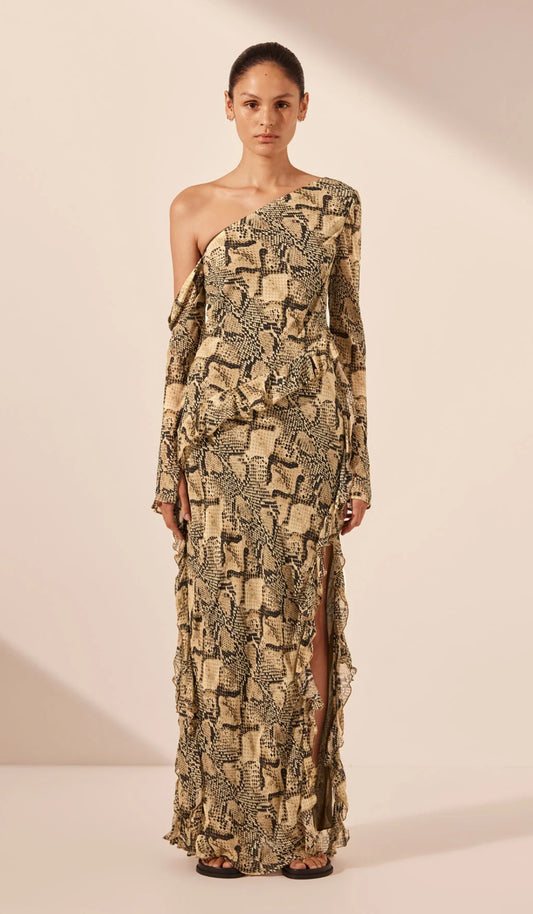 Shona Joy Hadiya Asymmetrical Long Sleeve Ruffle Maxi Dress Size 12