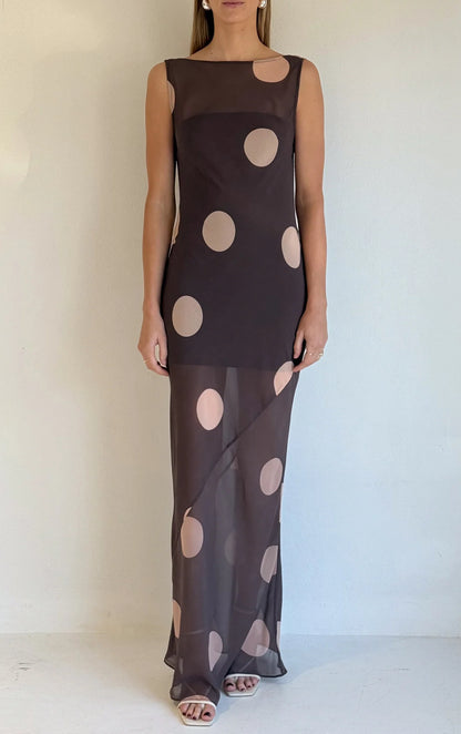 By Nicola Juno Maxi Dress In Chocolate Polka Size 10